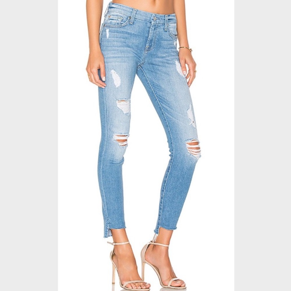 7 For All Mankind Step Hem Distressed Ankle Skinny Jeans in Melbourne Sky
